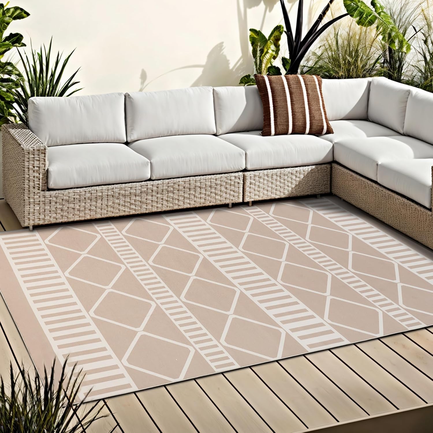 OMERAI Rugs for Living Room Indoor & Outdoor Rugs Beige Washable Rug Stain Resistant Non Slip Garden Rugs Modern Boho Rugs Bedroom Rugs 120X180CM Patio Rugs