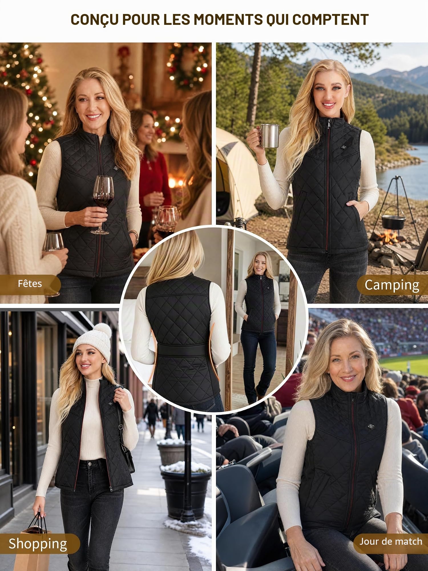 Gilet Chauffant Femme, Veste Chauffante avec Batterie, Électrique Gilet Chauffé avec 5 Zones de Chauffage,3 Niveaux de Température pour Ski en Plein air Randonnée Camping