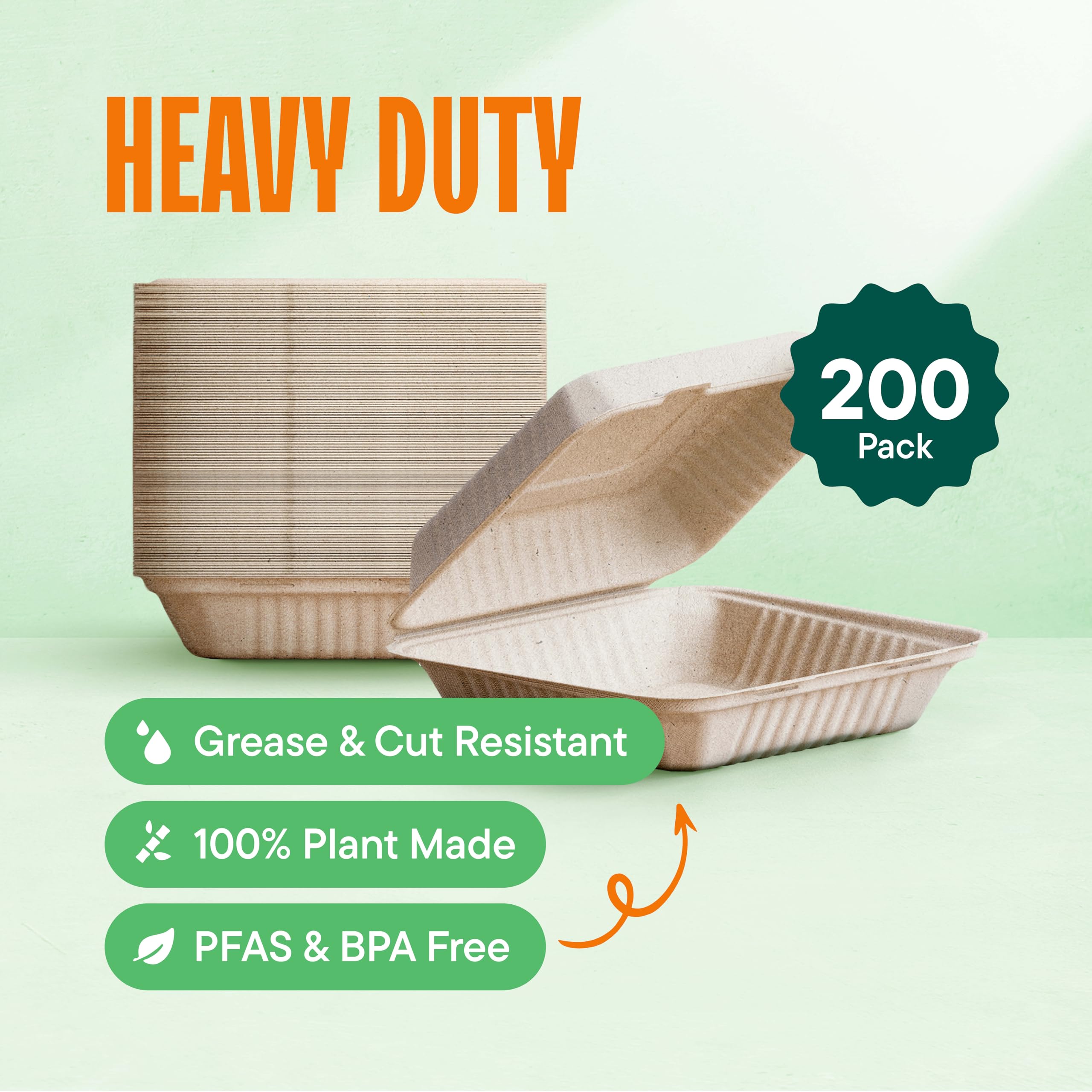 [Caja – Paquete de 200] Contenedores 100% compostables para llevar de 9 x 9 pulgadas, contenedor de alimentos con tapa con bisagras, platos desechables Togo, caja biodegradable ecológica para llevar