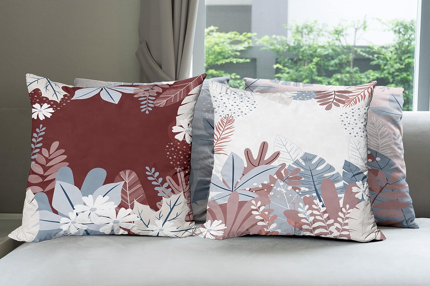 Ambesonne Botanic Throw Pillow Cushion Case Pack of 4, Autumn Foliage Big Exotic Leaves Daisy Flower Foliage of Forest Artwork, Modern Accent Double-Sided Digital Printing, 18", Burgundy Rose