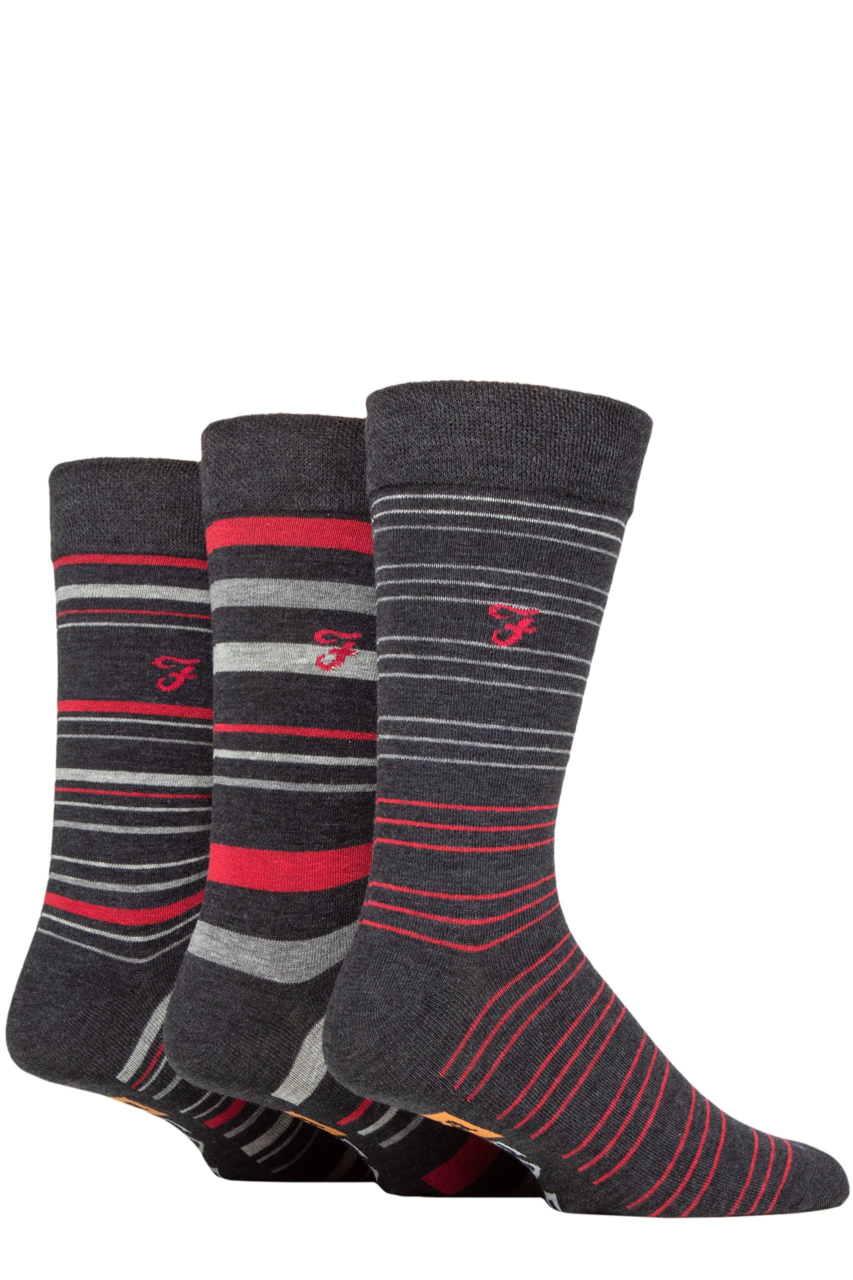 Farah Men's Charcoal / Berry Stripe Argyle, Patterned And Striped Cotton Socks Pack Of 3 Charcoal/Berry Stripe 6-11