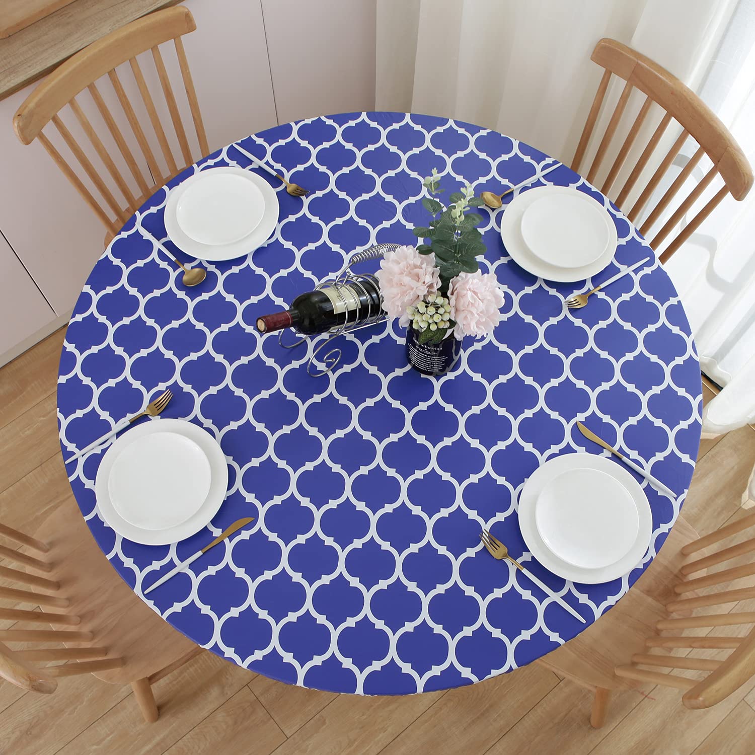 NLMUVW Round Fitted Vinyl Tablecloth with Elastic Edge 100% Waterproof Oil Proof PVC Table Cloth Wipe Clean Table Cover for Indoor and Outdoor, Blue Moroccan, 45"- 56" โ image 1