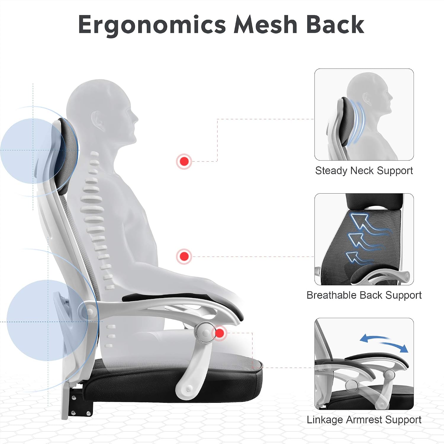 DEVAISE Ergonomics Recliner Office Chair, High Back Mesh Computer Desk Chair with Adjustable Lumbar Support, White