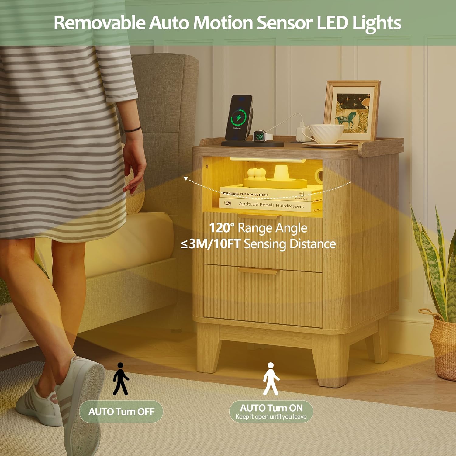 Night Stand with Charging Station, Fluted NightStand with LED Light and 2 Drawers, Wood Bedside Table with Open Storage, Modern - Image 5