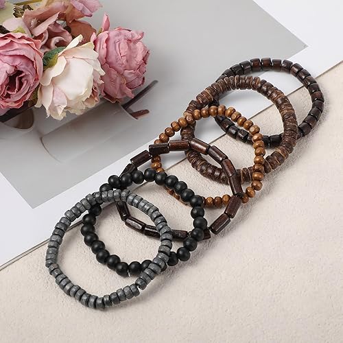 Miniatura 6 de Pulseras de madera con cuentas para hombre, 6 piezas, cuerda elástica ajustable, estilo vintage, multicapa, de cuero trenzado, juego de grunge,