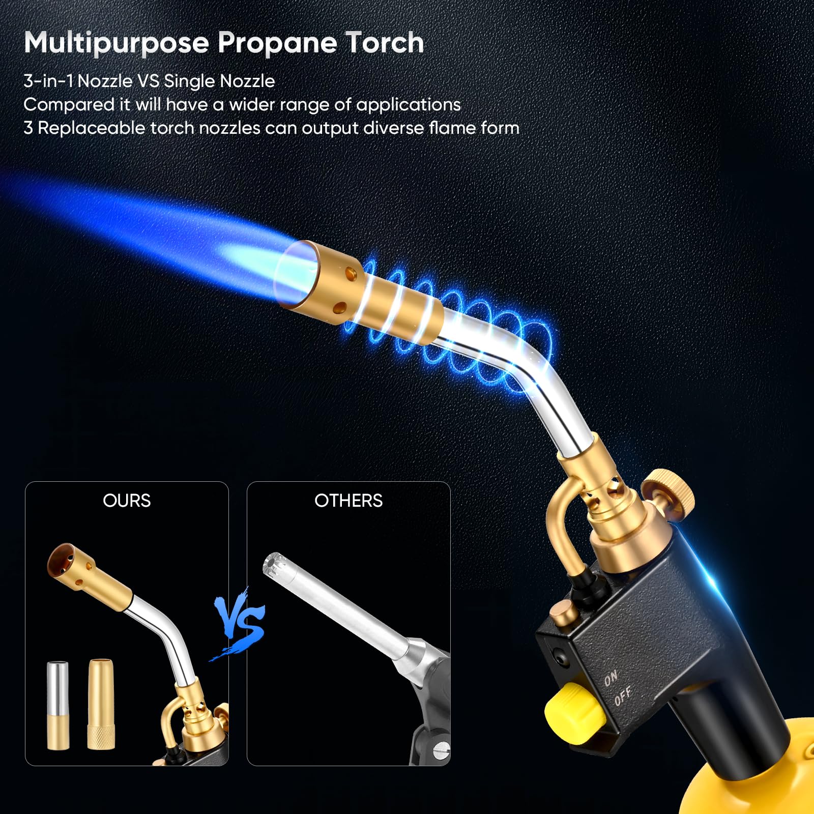 Kit de antorcha de propano de alta intensidad GJ-8000 Trigger Start MAPP Gas antorcha con autoencendido y perilla de latón Soplete de soldadura con 3 boquillas para conexión roscada MAPP CGA600