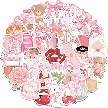 50PCS Coquette Stickers Pink Aesthetic Sticker Pack Cute Bow Tie Decals for Girls Pink Decal for Laptop Vinyl Waterproof Stickers Aesthetic Sticker