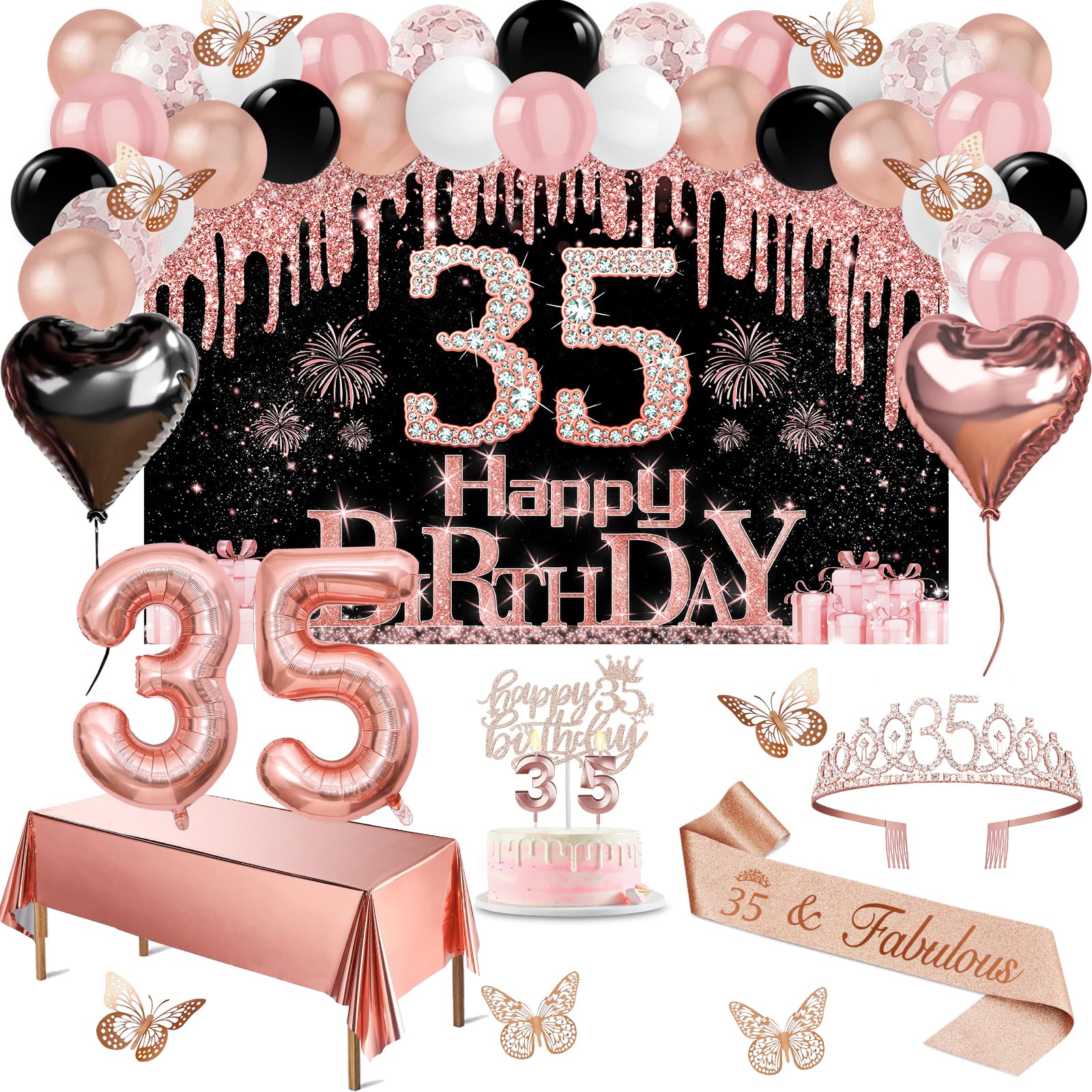 35th Birthday Decorations for Women, 49pcs Black Rose Gold Black Happy 35th Birthday Banner, Tablecloth, Butterfly Decor, Sash and Tiara, Cake Topper, Candles, Balloons Arch