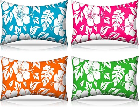 Hollowfly 4 Pack Inflatable Beach Pillows with Removable Washable Covers Hawaii Tropical Style Portable Air Pillows for Vacation Sand Tanning Pool and TravelPalm Leaf Hibiscus Flower