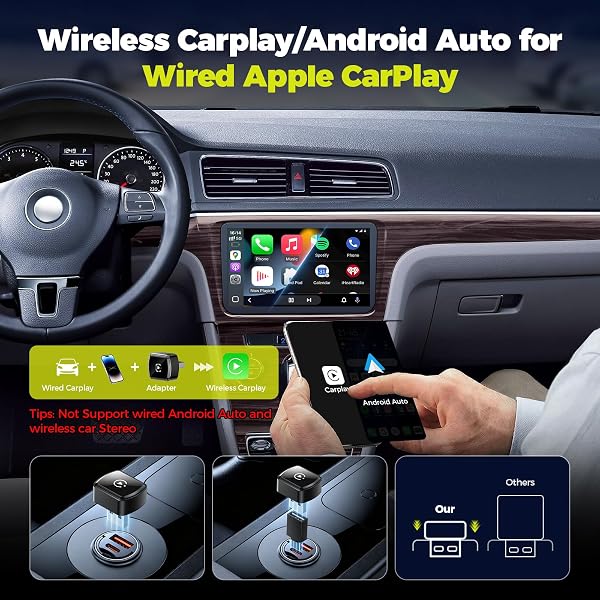 LAMTTO Adaptador inalámbrico CarPlay para iPhones y Android Auto con AirPlay y Miracast, Convierte Car Play con Cable a inalámbrico Plug & Play, Solo Compatible con Vehículos con CarPlay con Cable - 3