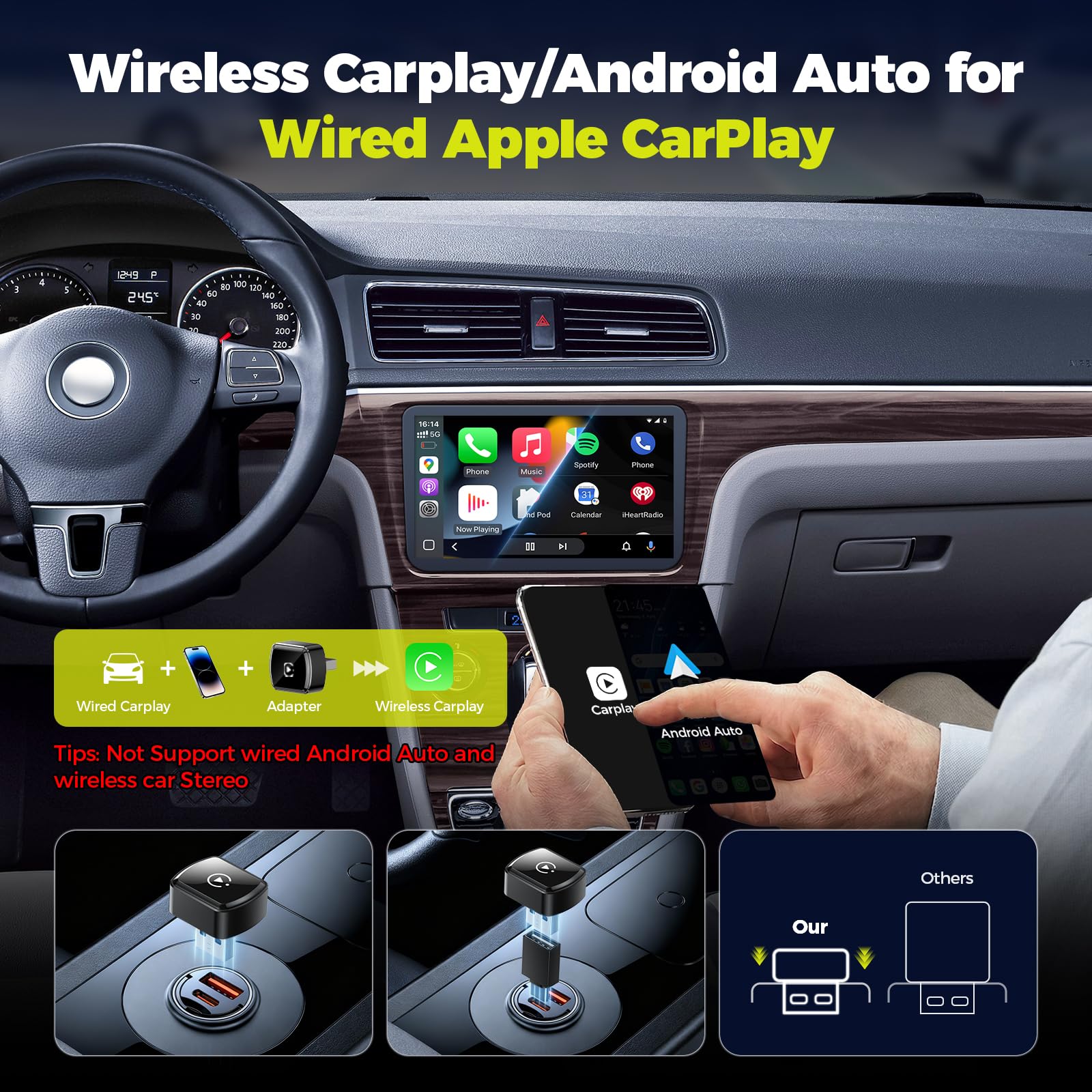LAMTTO Adattatore CarPlay Wireless per iPhones e Android Auto,AirPlay/Miracast,Converte Car Play/Android Auto Cablato in Wireless,Plug & Play,Compatibile Solo con Auto 2016+ Dotate di CarPlay Cablato