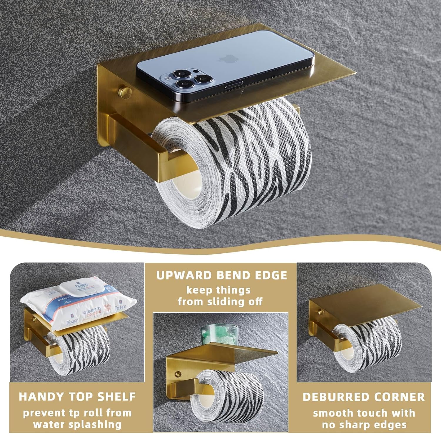 Angle Simple Toilet Paper Holder with Shelf, SUS304 Stainless Steel Bathroom Tissue Roll Holder for Wall, Brushed Dark Gold