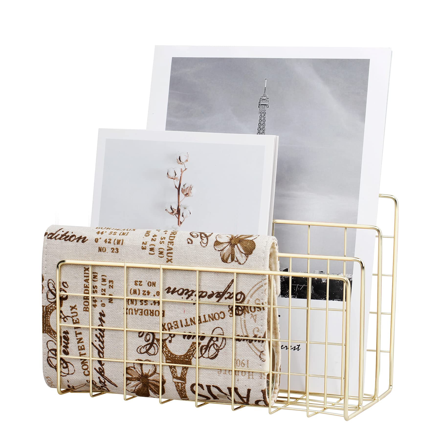 AzoneeDesktop Mail Organizer File Organizer Metal Wire Mail Sorter Letter Organizer Magazine Rack for Letters, Mails, Books, Postcards, Brochures, Mail Holder (3 Slot, Gold)