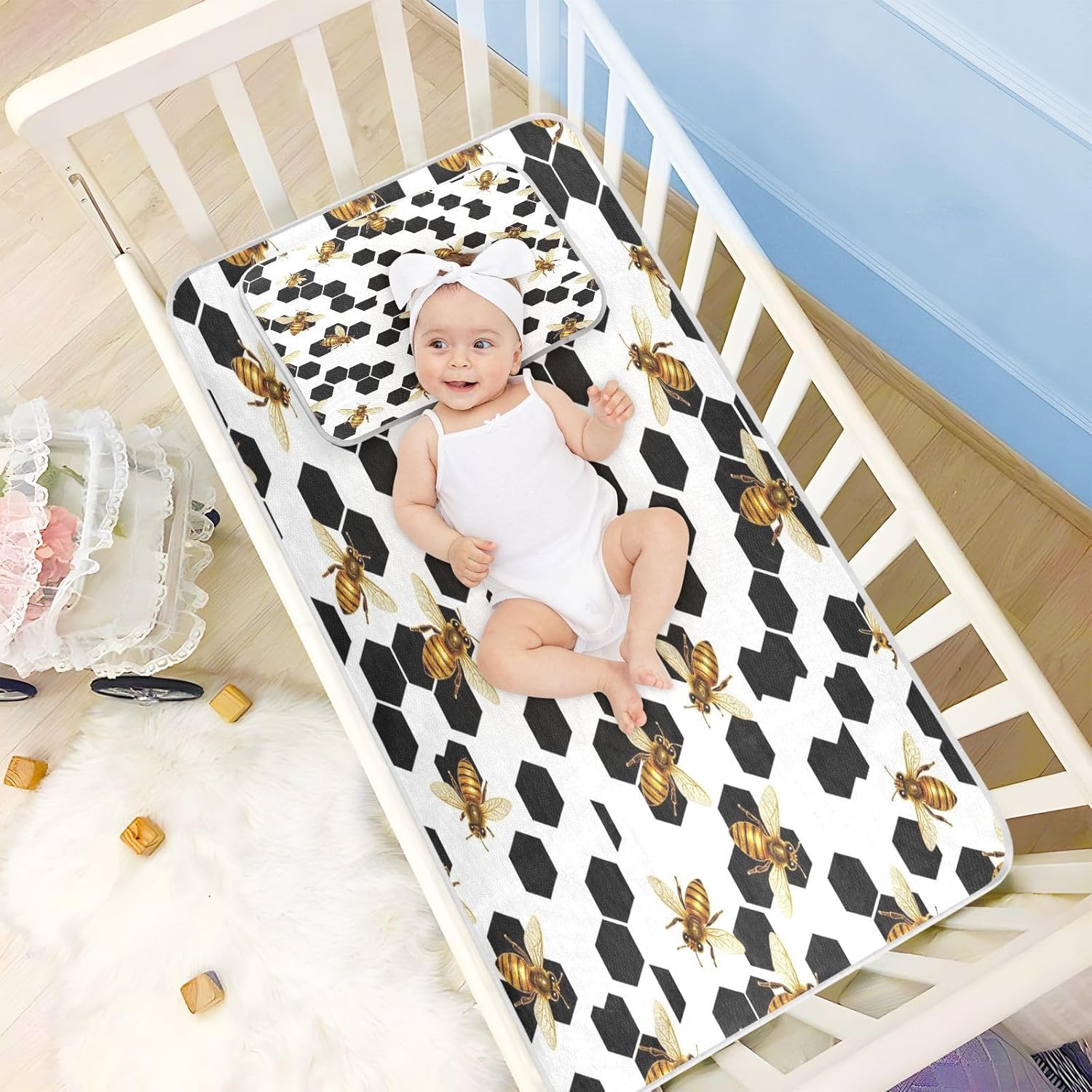 Cooling Baby Fitted Crib Mattress 28" x 52" Breathable Black Yellow Queen Bee Garden Bed Pads for Kids for Baby&Toddler