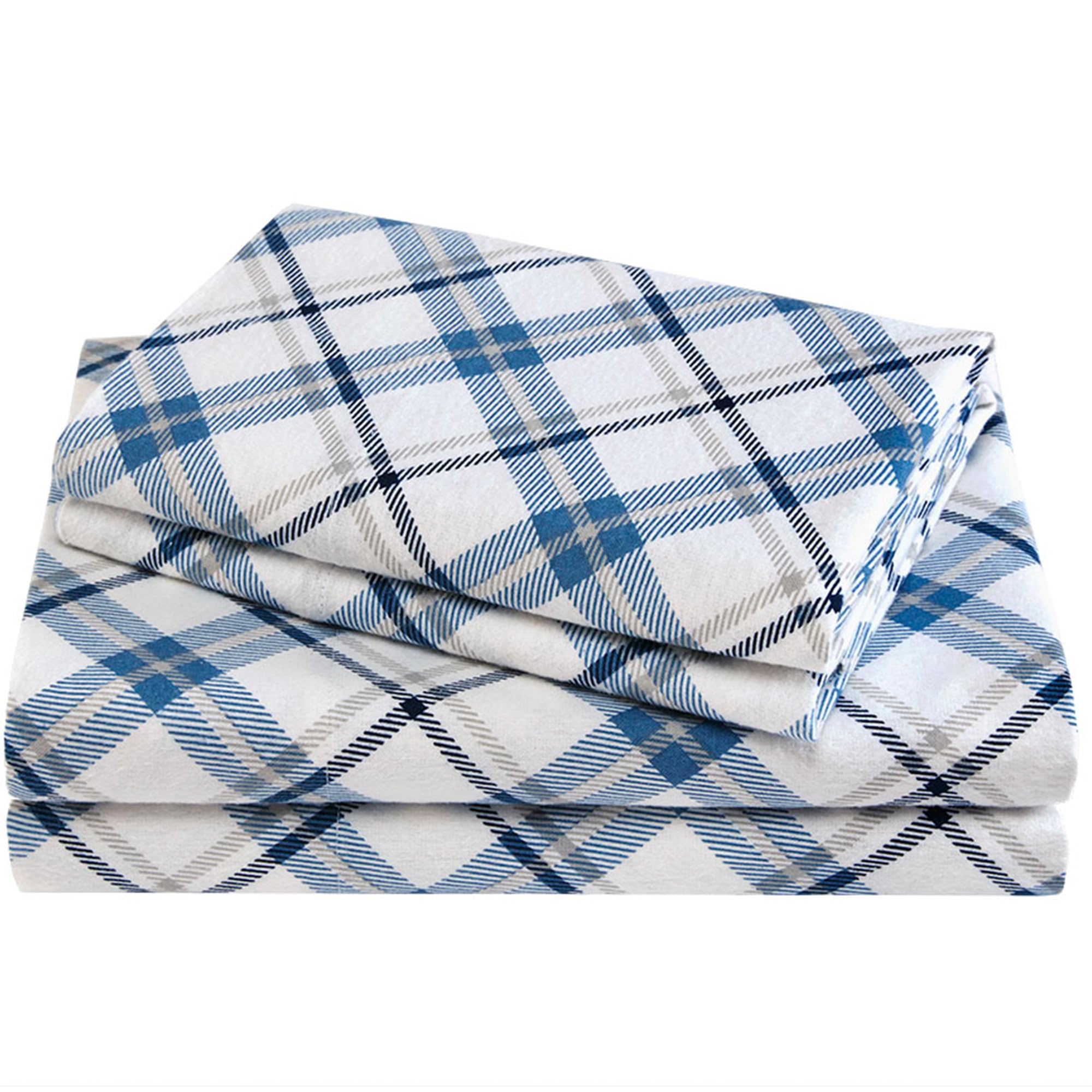 Comfort Spaces Cotton Flannel Breathable Warm Deep Pocket Sheets with Pillow Case Bedding, Queen, Blue Plaid 4 Piece โ image 1