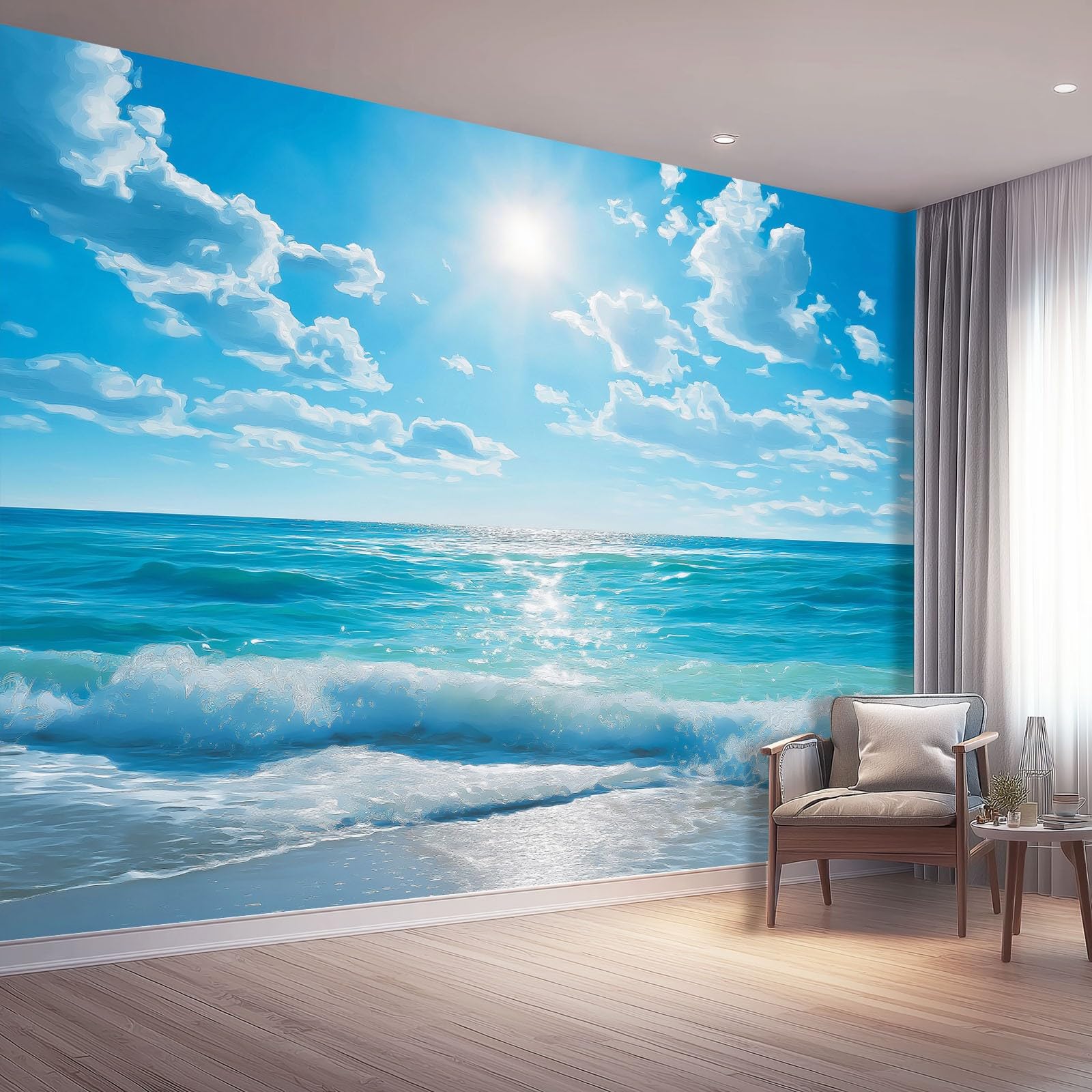 Tapeta z włókniny 350 x 256 cm, naturalne fale, słońce, dekoracja ścienna do dużego pokoju młodzieżowego, niebiesko-biała
