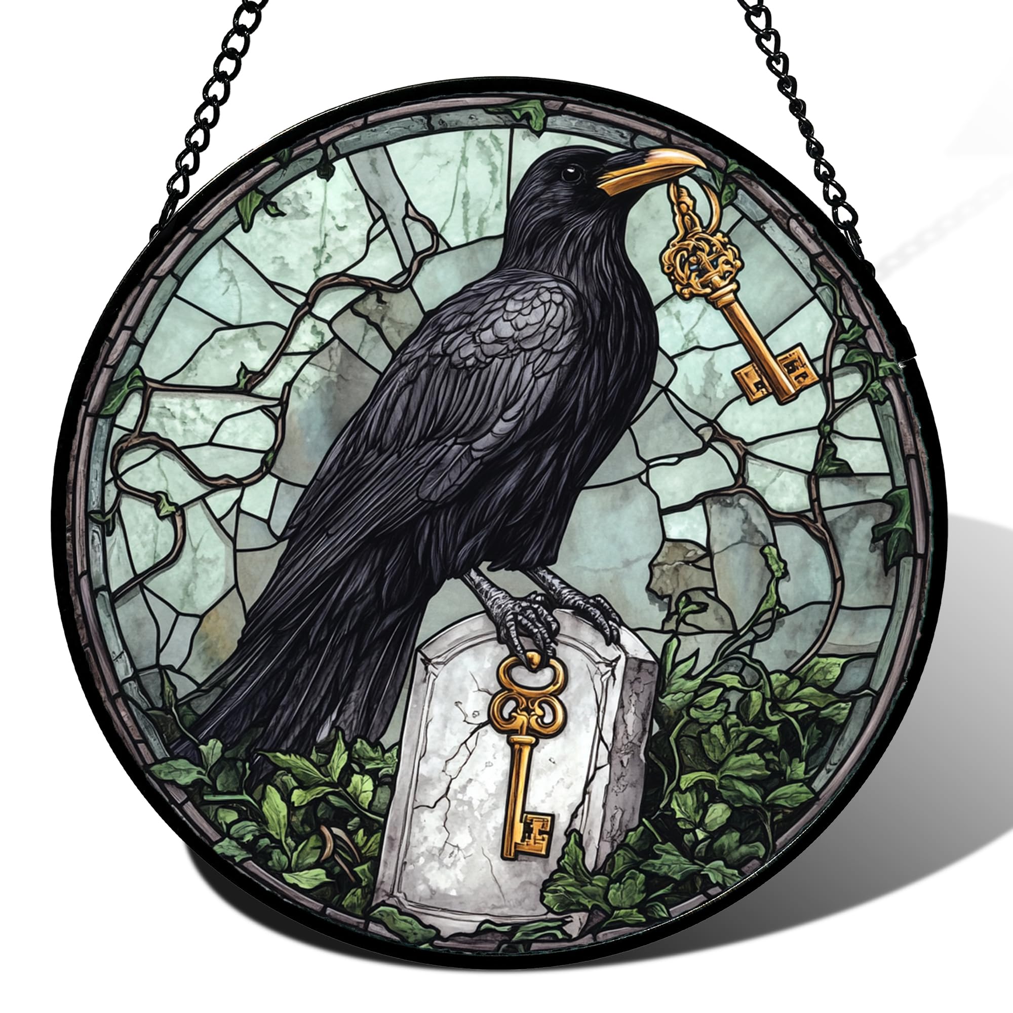 Raven Key Halloween Decor Stained Glass Window Hanging Suncatcher Gift 15"