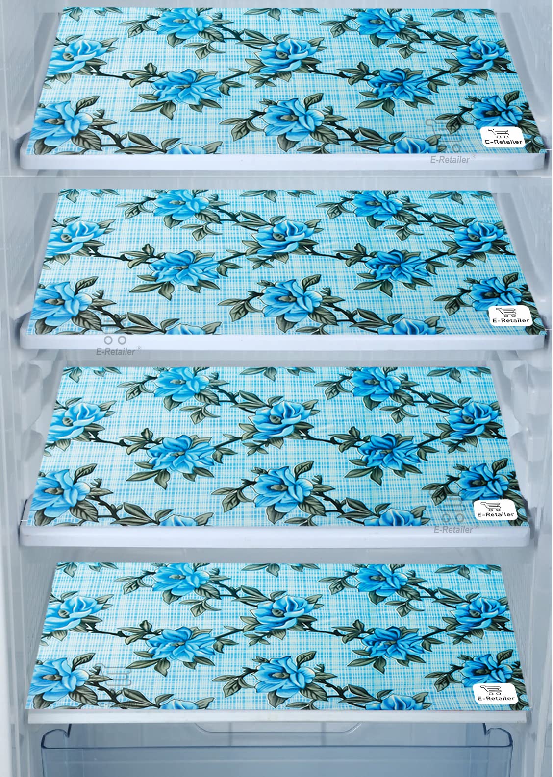 E-Retailer® Multipurpose Waterproof PVC Refrigerator/Fridge Drawer Mats Washable Non-Slip Shelf Liners for Kitchen Set of 4 Pcs (Floral Blue, 17.5x11.5 Inch)