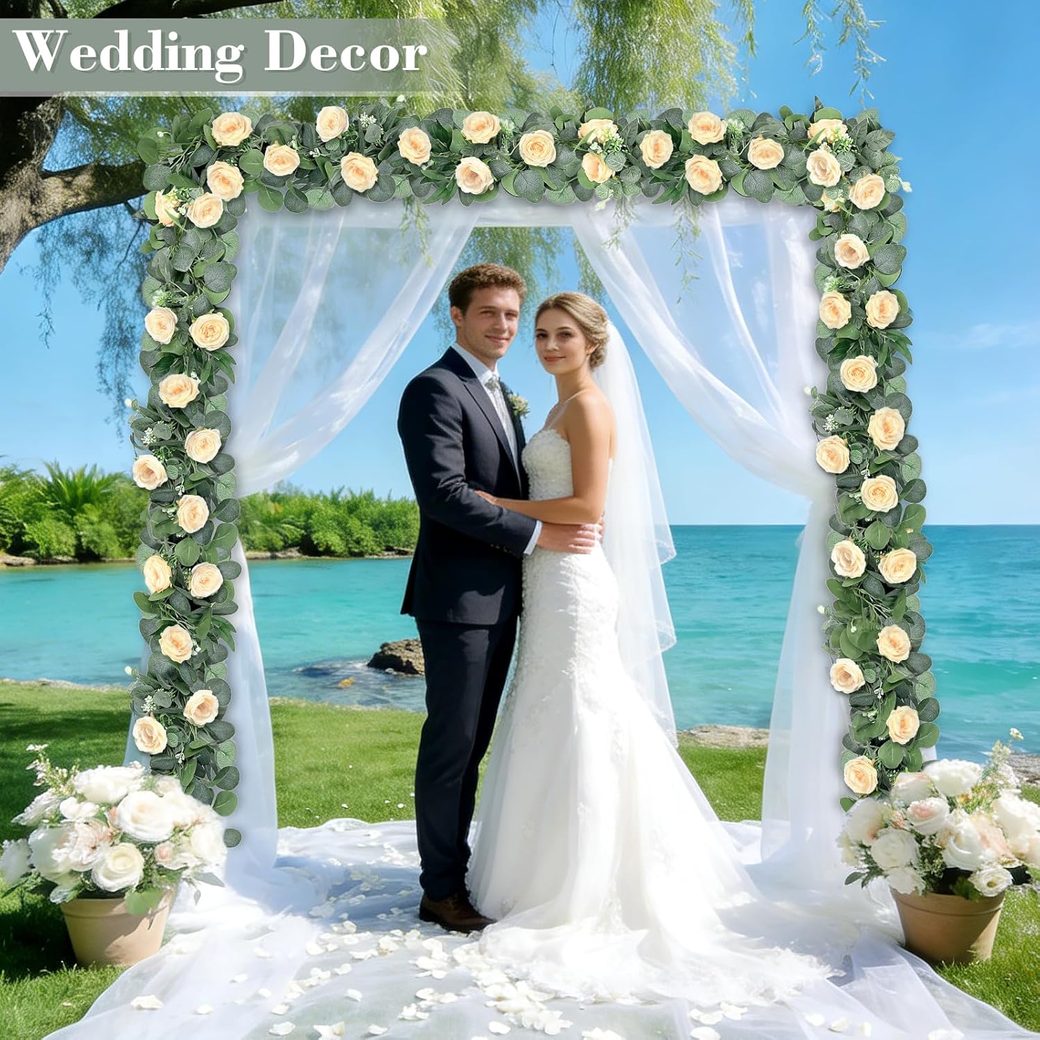 2 Pack 13FT Spring Artificial Eucalyptus Flower Garland with Champagne Roses, Fake Flower Greenery Floral Vines Green Garland for Wedding Arch Table Runner Backdrop Mantle Home Decorations (Champagne)