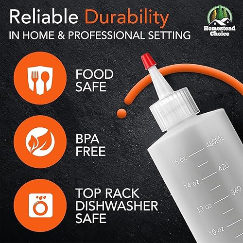Miniatura 9 de Paquete de 2 botellas de plástico exprimibles para salsas, botellas exprimibles de condimentos de 16 onzas para líquidos, fabricadas en Estados
