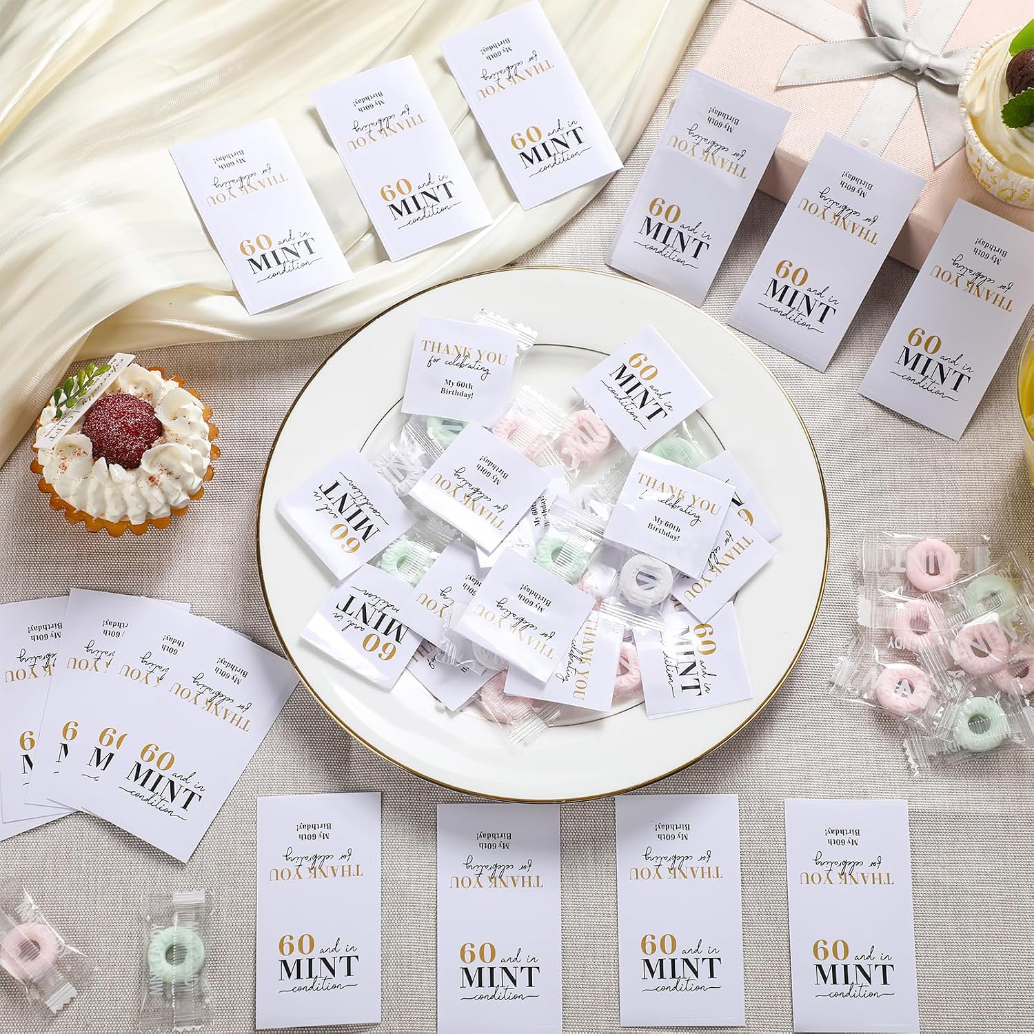 Feifeiya 200 Pcs 60th Birthday Mint Candy Stickers 60 and in Mint Condition Cute Thank You Stickers Bulk for Woman Men 60th Milestone Birthday Party Decorations Favors