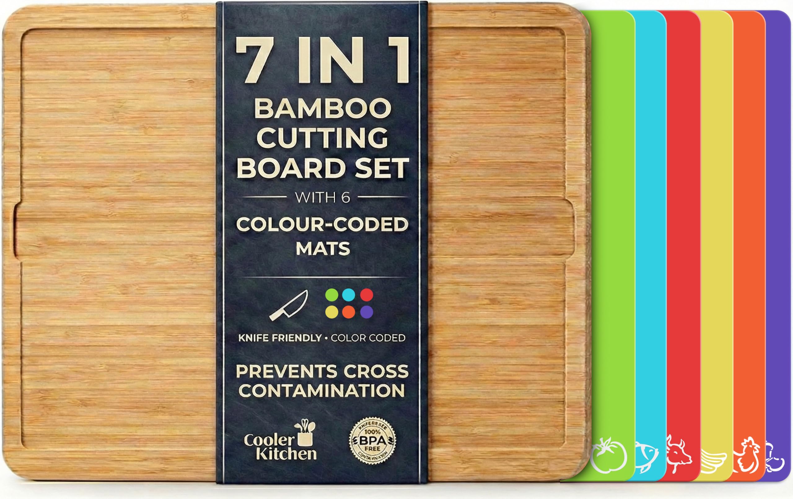 Wooden Cutting Boards for Kitchen with 6 Flexible Plastic Mats - Meal Prep and Serving, Easy Clean Bamboo Cutting Board and Dishwasher Safe Plastic - Large Wood Cutting Board Set