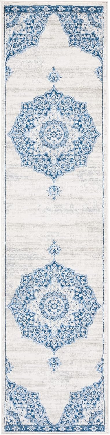 SAFAVIEH Brentwood Collection Runner Rug - 2' x 8', Ivory & Navy, Medallion Distressed Design, Non-Shedding & Easy Care, Ideal for High Traffic Areas in Living Room, Bedroom (BNT802D)