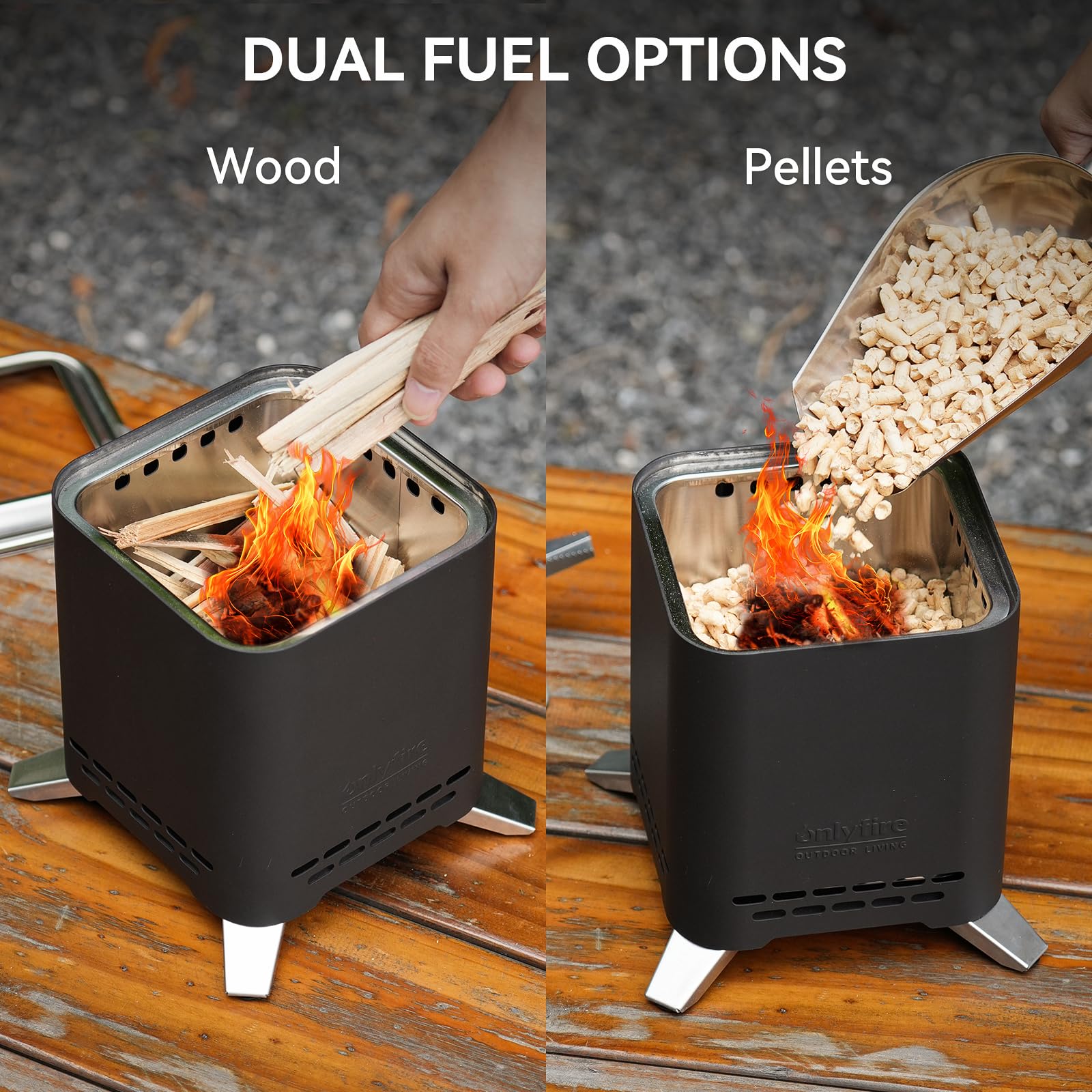 Onlyfire 20 cm Quadrato Braciere Senza Fumo da Tavolo, Focolare Portatile con Staffa per Vaso e Borsa da Trasporto, Bruciatura a Legna e a Pellet, per Campeggio all'aperto Patio, Acciaio Inox, Nero