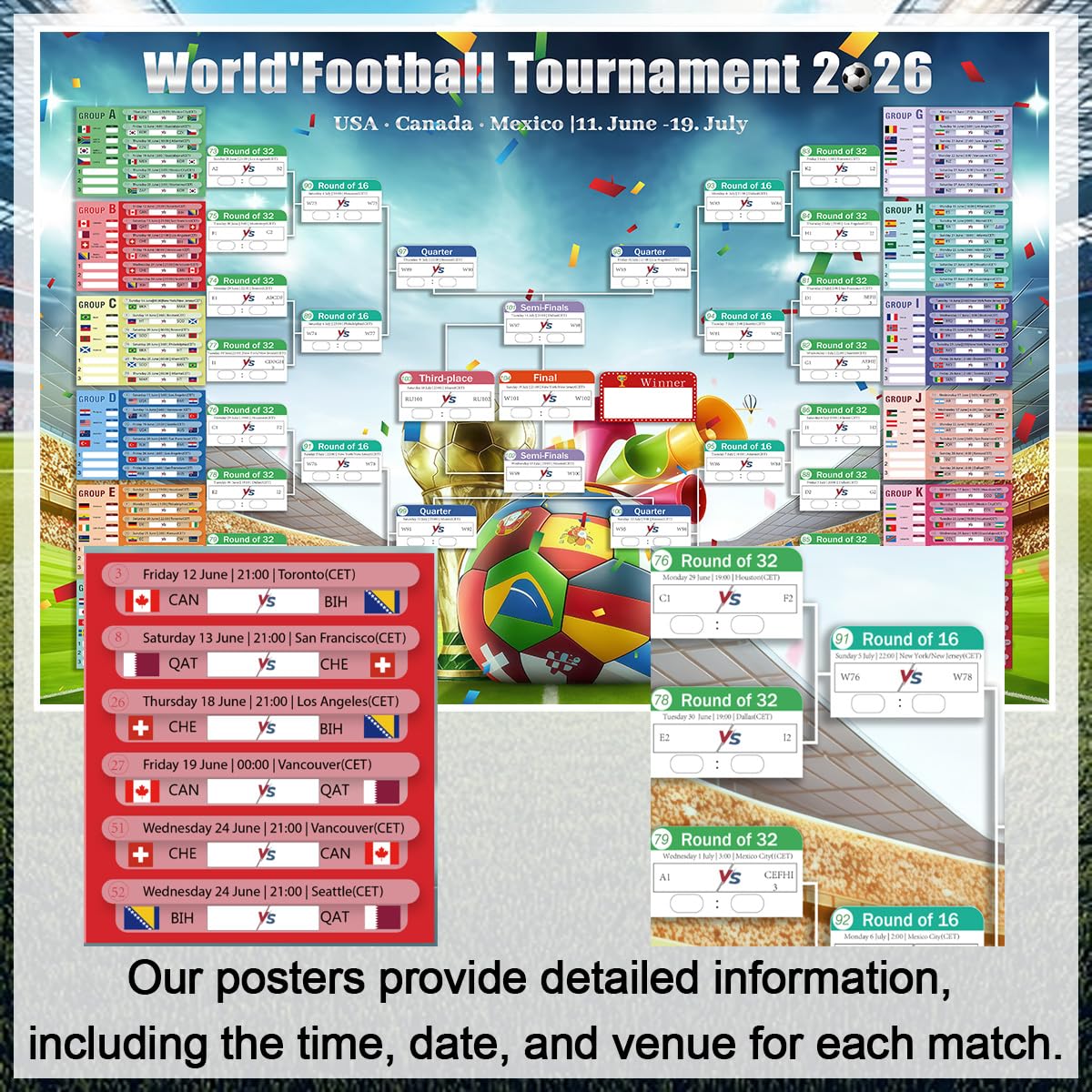 Póster de Calendario de la Copa del Mundo 2026,150x100 cm,con pegatinas de corrección de cuerda para colgar,Incluye 48 Equipos Participantes e Info de Partidos,para Salón Bar Fiesta (150x100)
