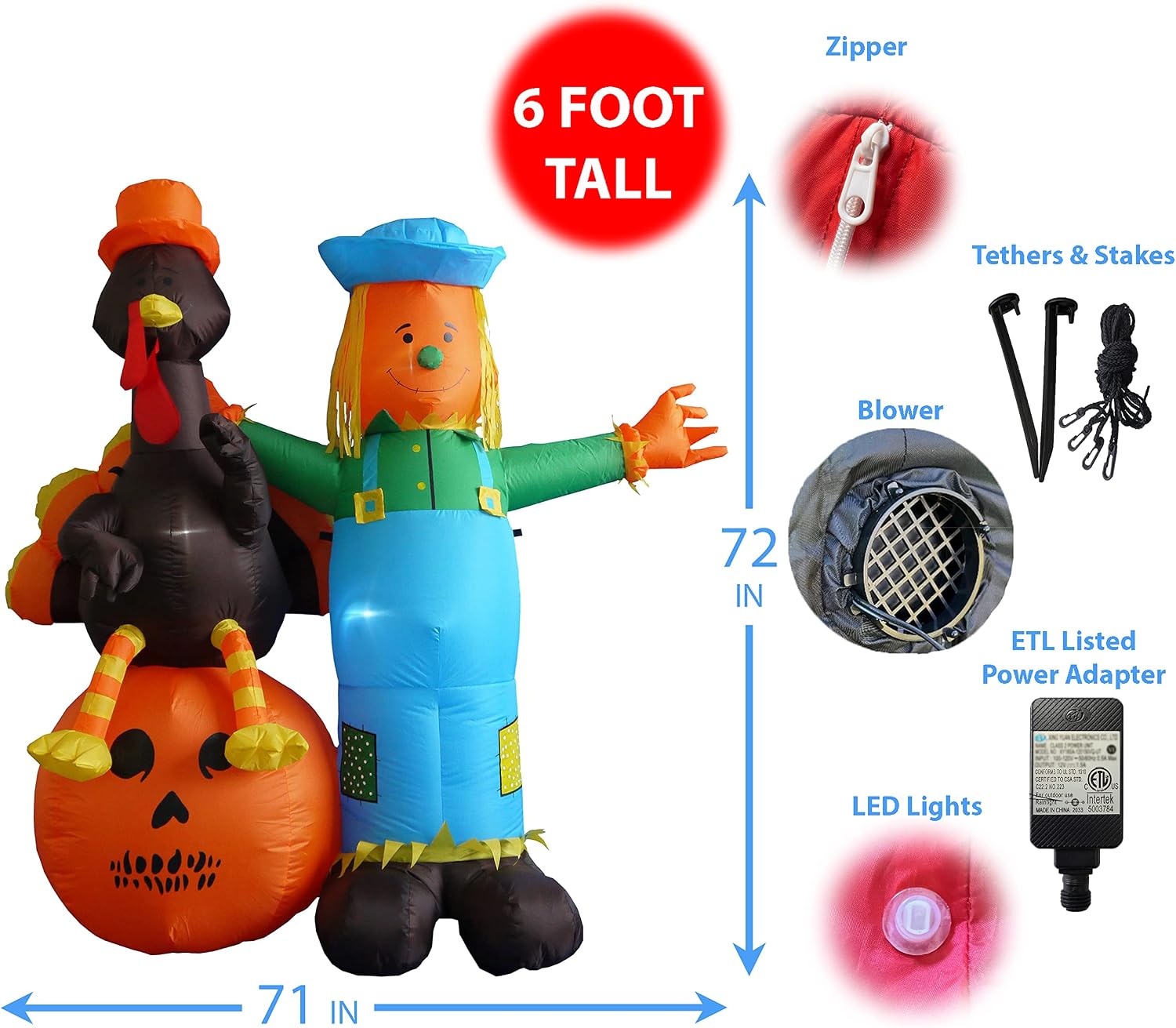 6 Foot Thanksgiving Inflatable Scarecrow + Turkey + Pumpkin