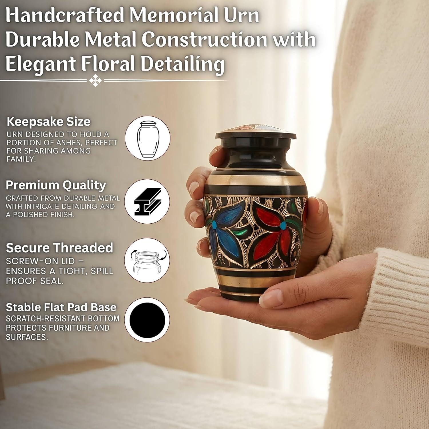 Brass Hand Painted Keepsake Urns for Human Ashes, Small Memorial Urn for Adult Male & Female, Decorative Cremation & Burial Urn with Secure Lid, Mini Urn for Sharing Ashes (3 Cu in)