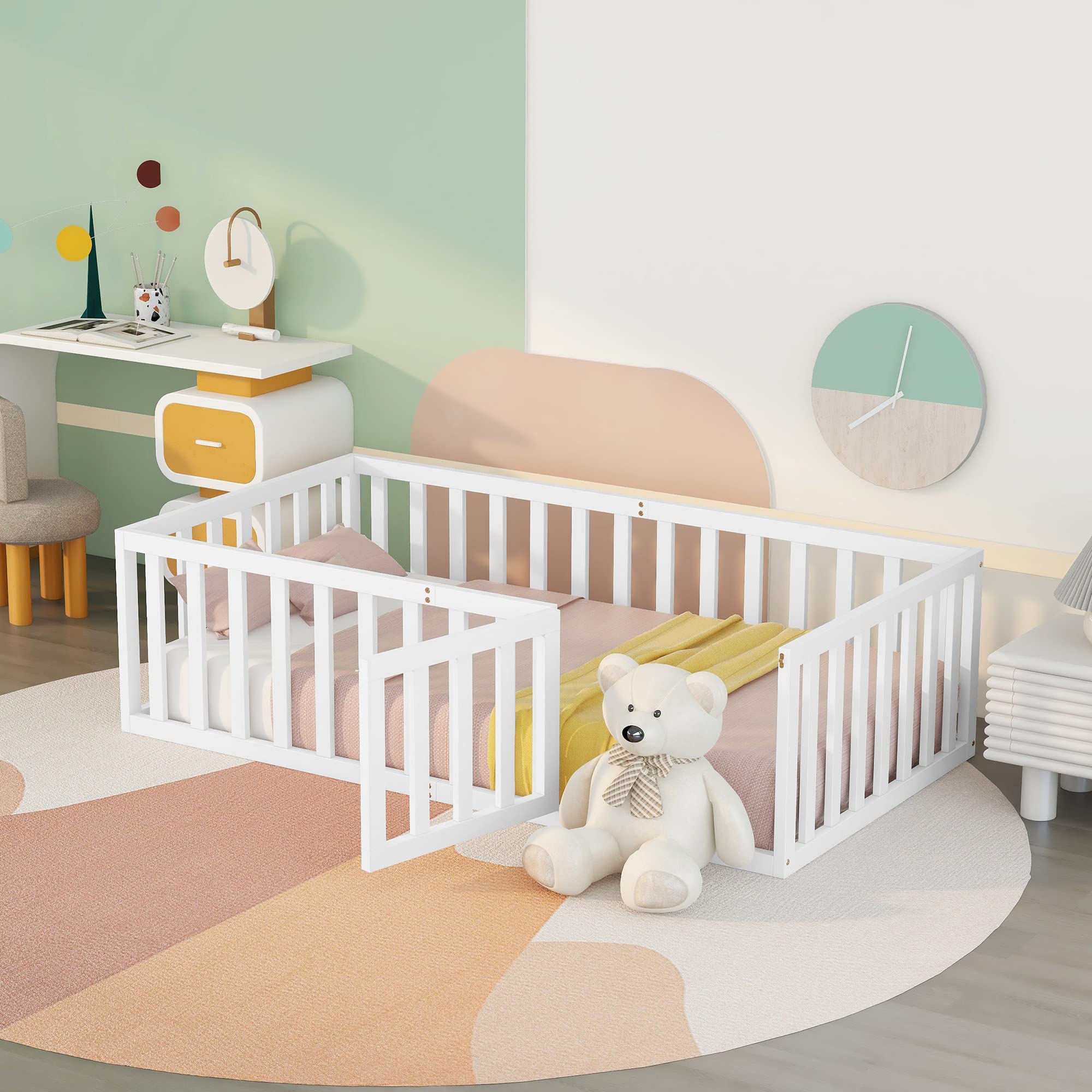 Zepneiy Letto per bambini, 90 x 200 cm, telaio per letto a pavimento in legno massello, letto per bambini con recinzione e porta, bianco