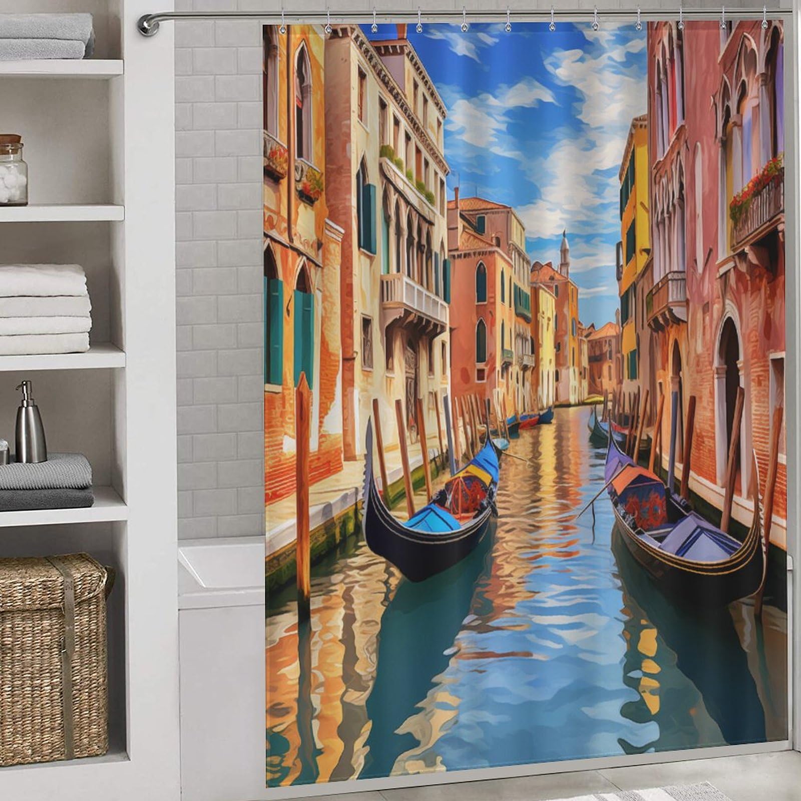 Rideau de douche Venise en polyester imperméable 168x183cm avec 12 crochets pour salle de bain