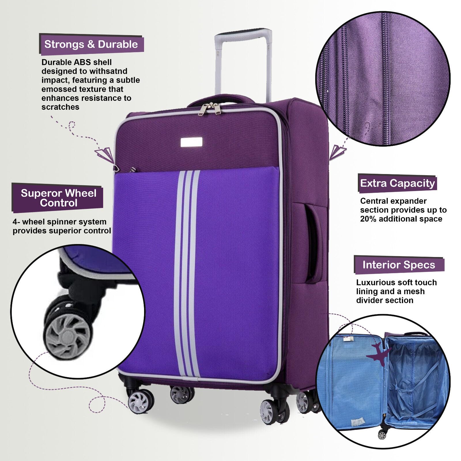 Infinity Leather Lekkie walizki kabinowe 4 koła bagaż torba podróżna, Fioletowy, Cabin 19"