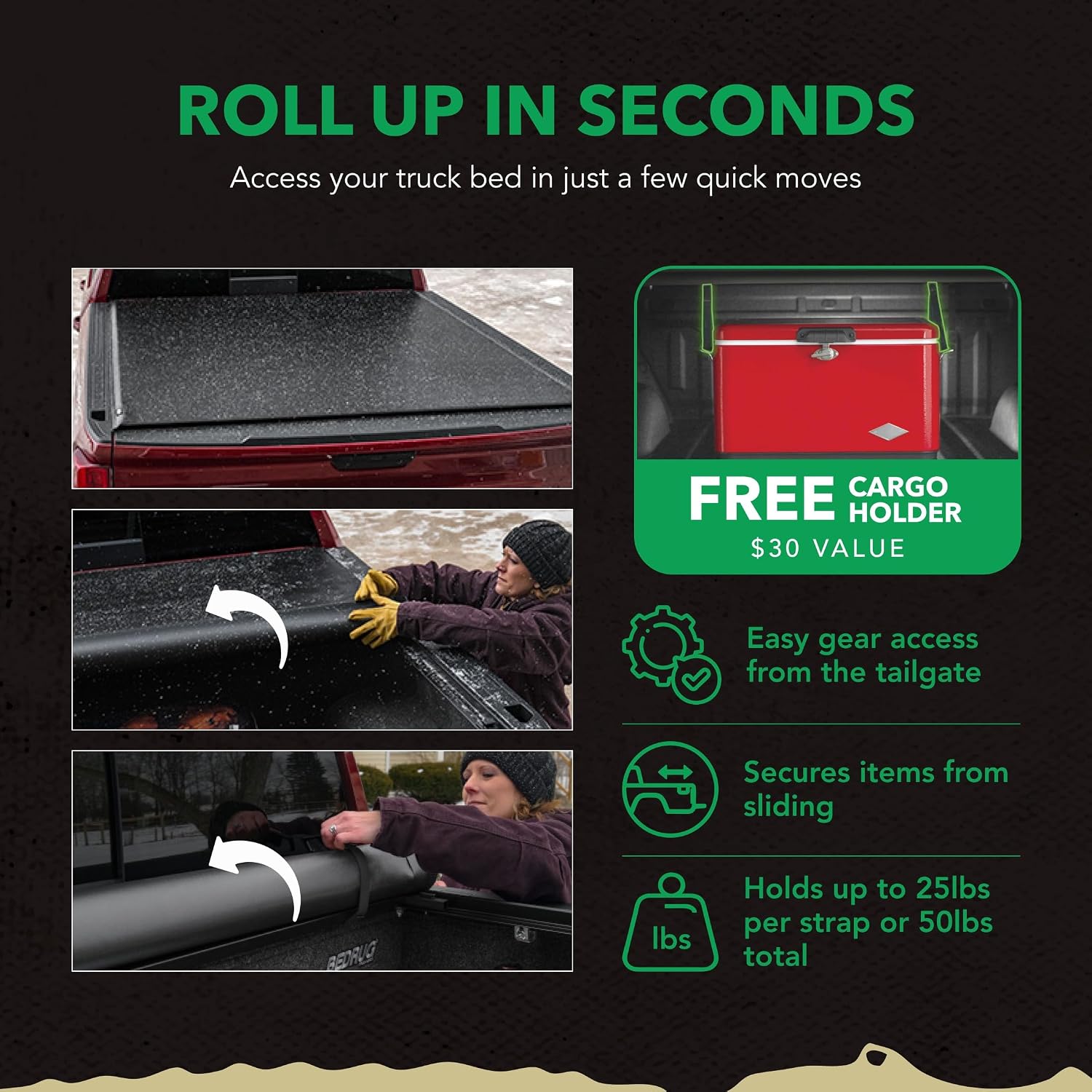 Gator Soft Roll-Up Truck Bed Tonneau Cover w/ Gear Straps | 138693 | Fits 2019 - 2026 Dodge Ram 1500 (New Body Style) WON'T Fit Multi-Function (Split) Tailgate or RAMBox 6' 4" Bed (76.8")