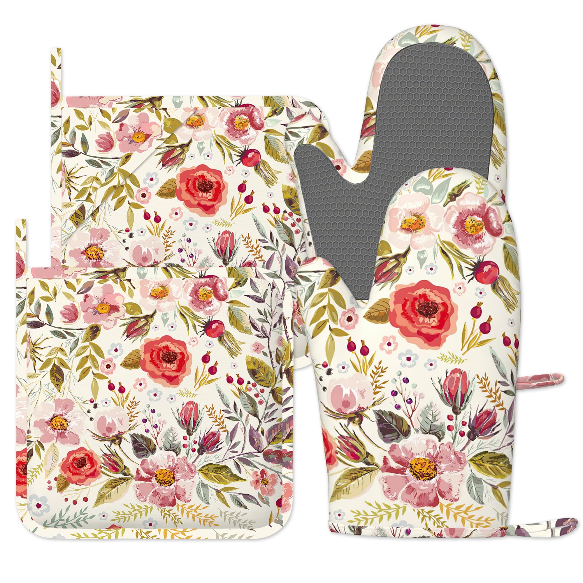 Oven Mitts and Pot Holders Sets of 4, Wildflowers Floral Silicone Oven Gloves Heat Resistant, Non-Slip BBQ Gloves for Kitchen Cooking Baking Grilling Microwave
