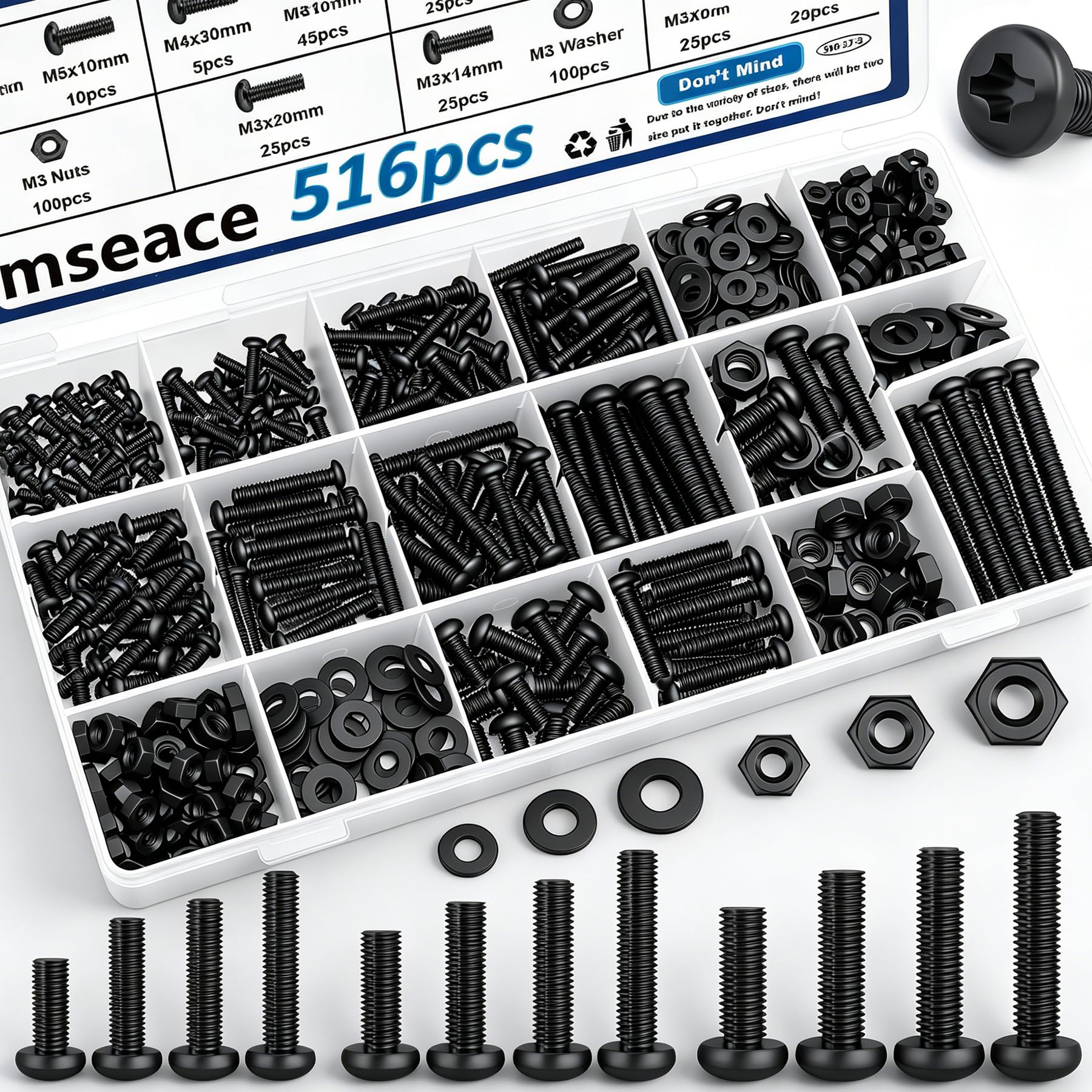 smseace 516Pcs Black Nuts and Bolts Assortment Kit 21-Sizes M3/M4/M5/M6 Nut Bolt Washer Assortment Kit for Machinery, Furniture, Automotive, Motorcycle Repairs