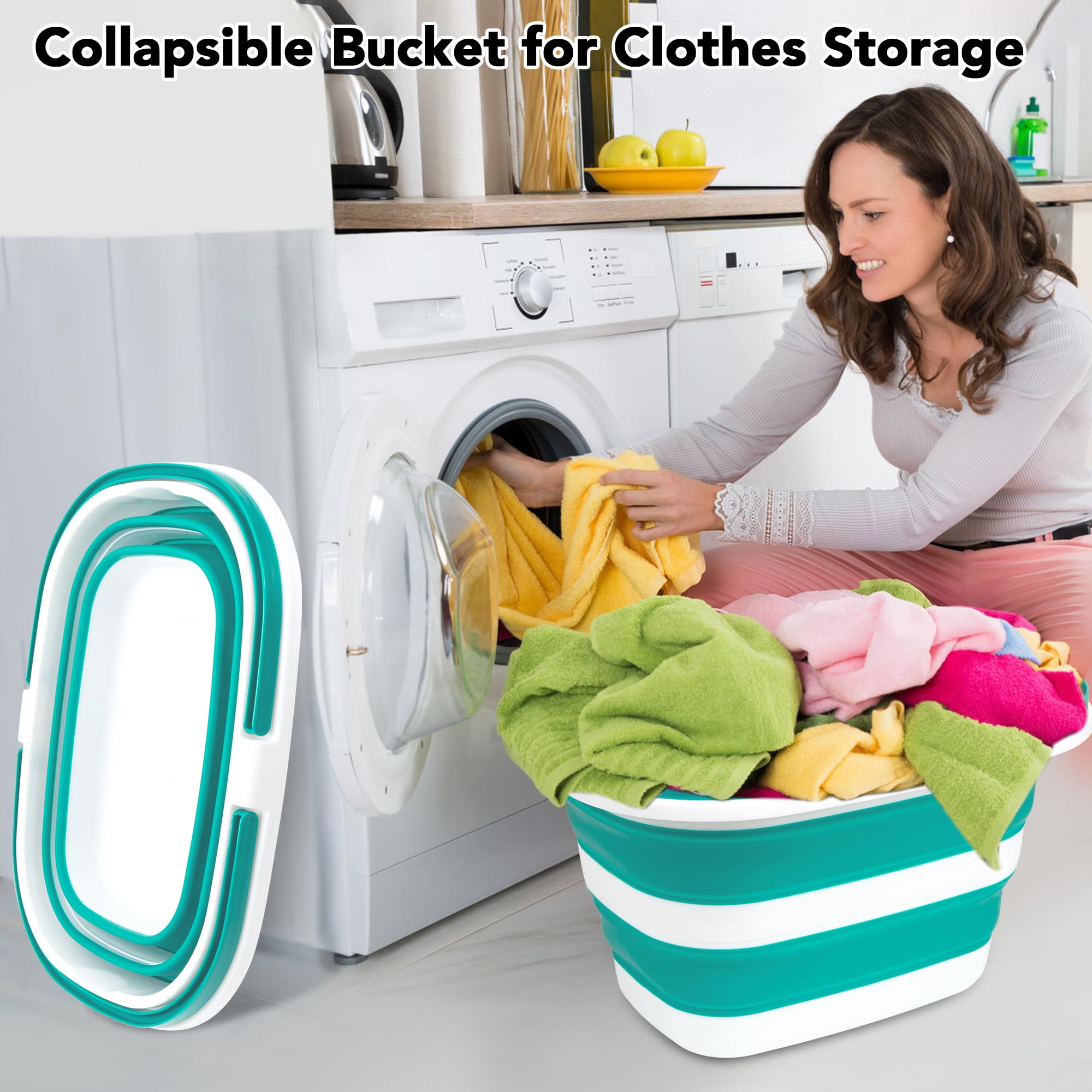 Lot de 2 seaux à vadrouille pliables, 16 l (16 gal) en plastique pour le nettoyage de la maison, le lavage de voiture, le nettoyage en silicone, panier portable avec poignée pour le rangement du linge