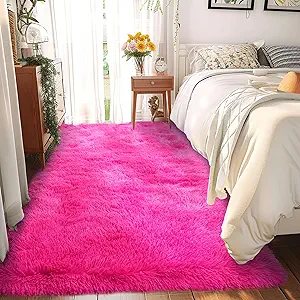 Fluffy Rug Runners 2x6, Super Soft Hot Pink Bedside Rug, Runner Rug for Bedroom Girls, Non-Slip Rug Hallway Decor