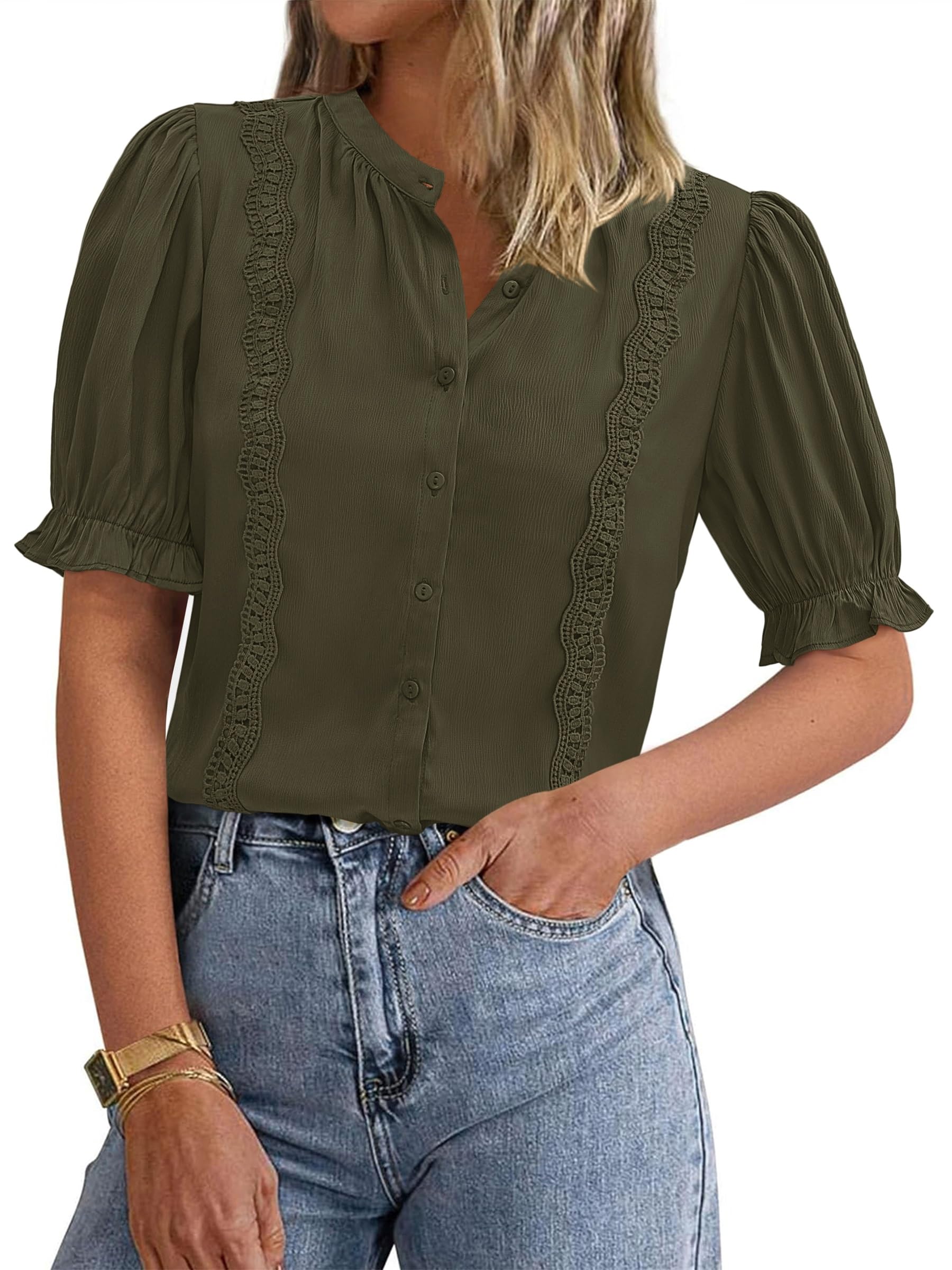 PRETTYGARDEN Women’s Puff Ruffle Sleeve Tops 2025 Summer Trendy V Neck Button Down Shirts Casual Embroidery Chiffon Blouses