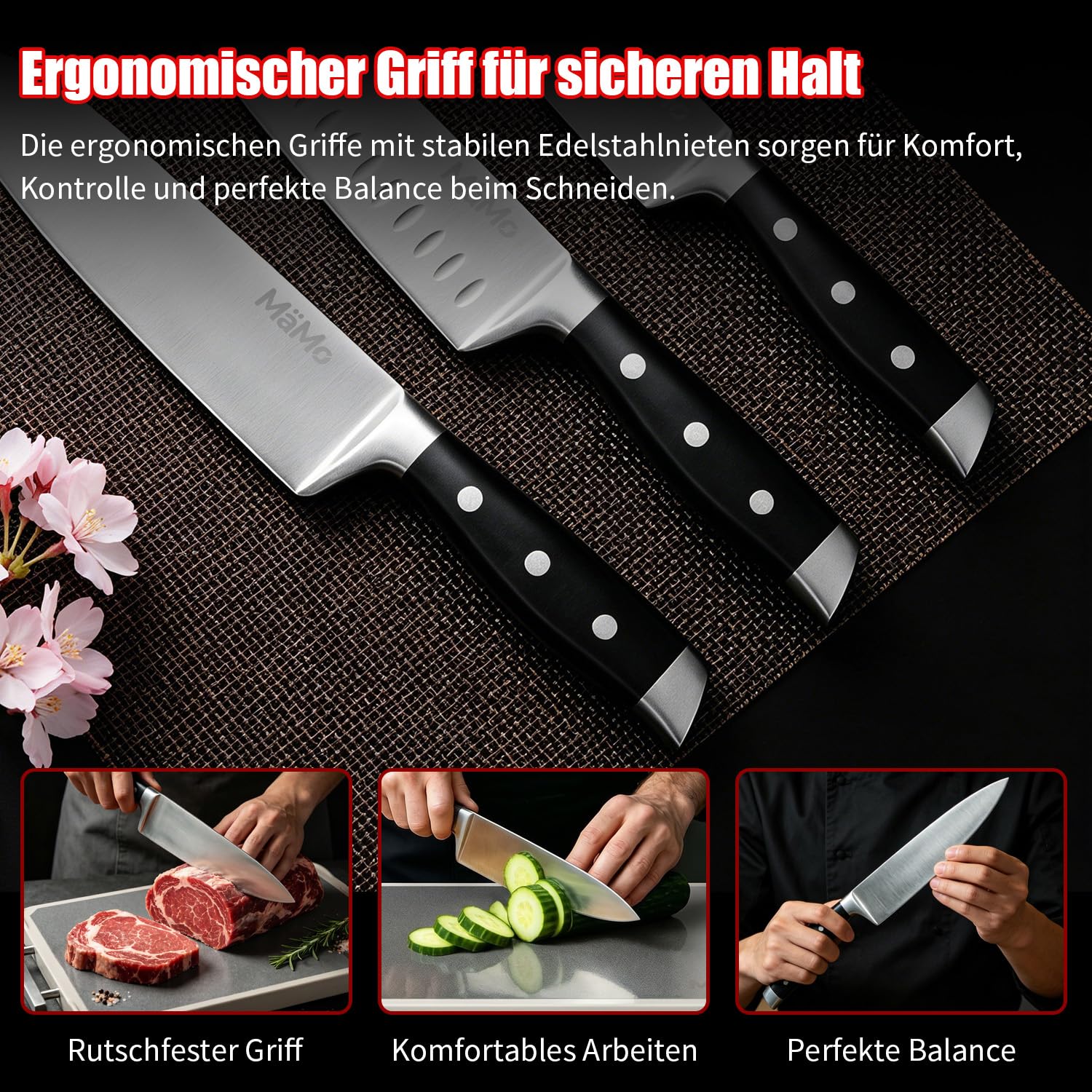 Set di 19 coltelli con ceppo e tagliere in titanio, set di coltelli da cucina professionali in acciaio inox con coltello da cuoco, coltello Santoku, 6 coltelli da bistecca, acciaio affilato, forbici