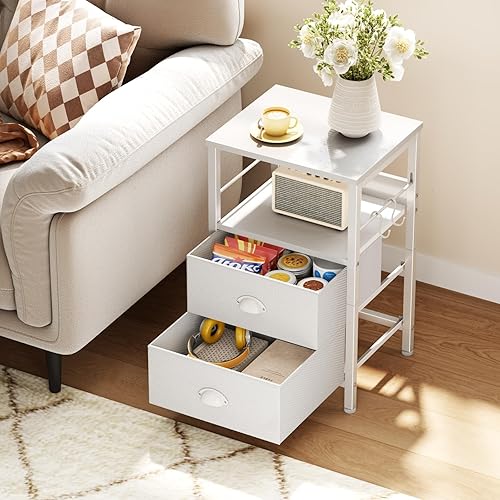 Miniatura 15 de Furologee Juego de 2 mesitas de noche, mesita de noche con 2 cajones de tela, mesitas de noche con estante abierto, parte superior de madera, Roble