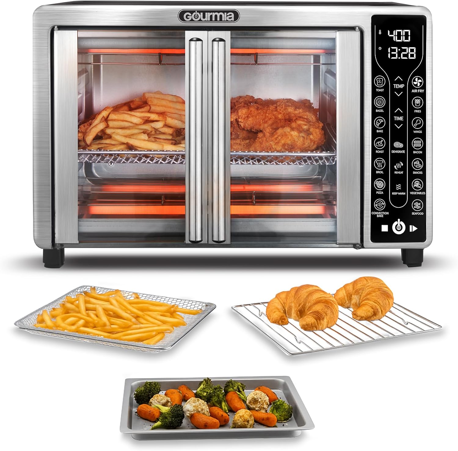 Gourmia French Door Air Fryer – 25 Qt Large Capacity Convection Oven, Fryfroce 360°, Digital Display with 17 Cooking Presets, Bake, Toast, Roast, Dehydrate, Fits 12” Pizza