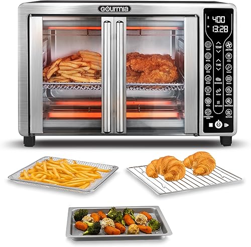 Gourmia Freidora de aire para puerta francesa: horno de convección de gran capacidad de 25 cuartos de galón, fryfroce 360°, pantalla digital con 17