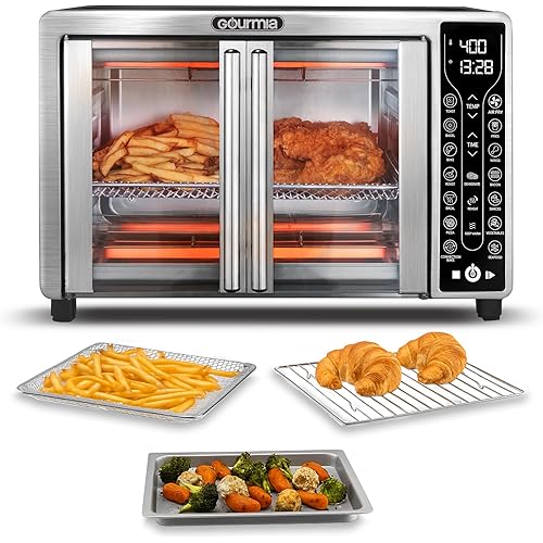 Gourmia French Door Air Fryer – 25 Qt Large Capacity Convection Oven, Fryfroce 360°, Digital Display with 17 Cooking Presets, Bake, Toast, Roast, Dehydrate, Fits 12” Pizza