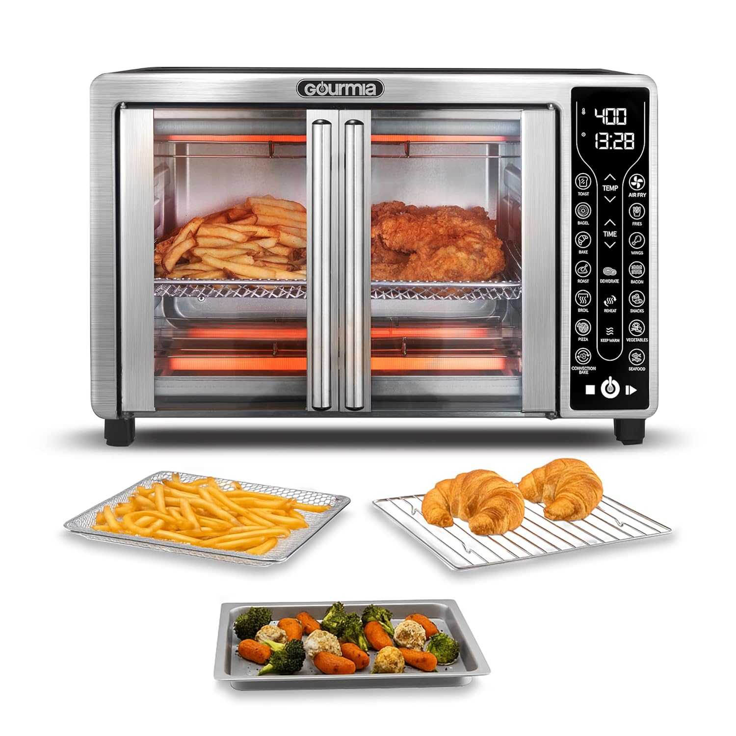 Gourmia French Door Air Fryer 25 Qt Large Capacity Convection Oven Fryfroce 360 Digital Display with 17 Cooking