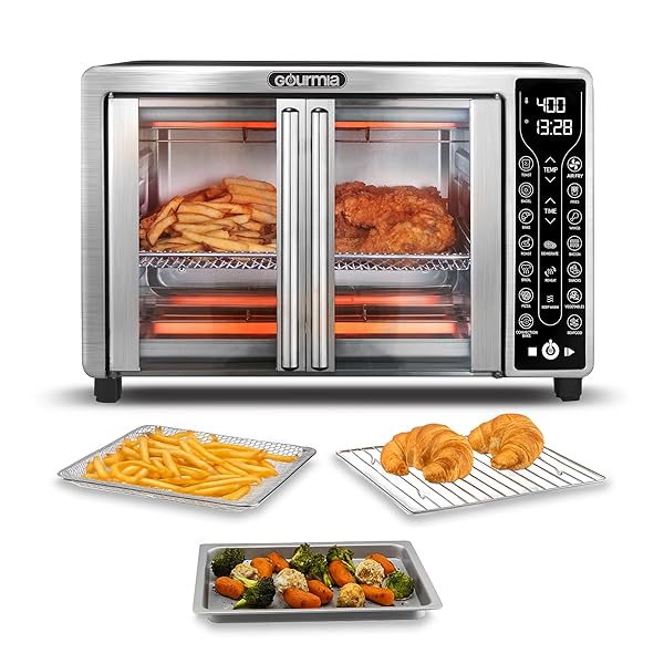 Gourmia French Door Air Fryer – 25 Qt Large Capacity Convection Oven, Fryfroce 360°, Digital Display with 17 Cooking Presets, Bake, Toast, Roast, Dehydrate, Fits 12” Pizza