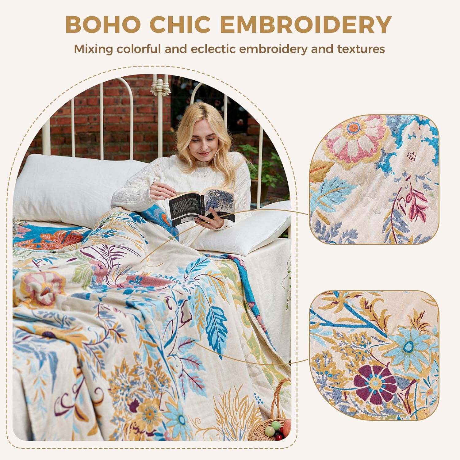 Boho Throw Blanket for Couch Sofa Chair Cotton Blankets for Bedroom Living Room All Season Soft Lightweight Reversible Floral Embroidery Decorative Throws 50"x 60" Home Decor - Image 3