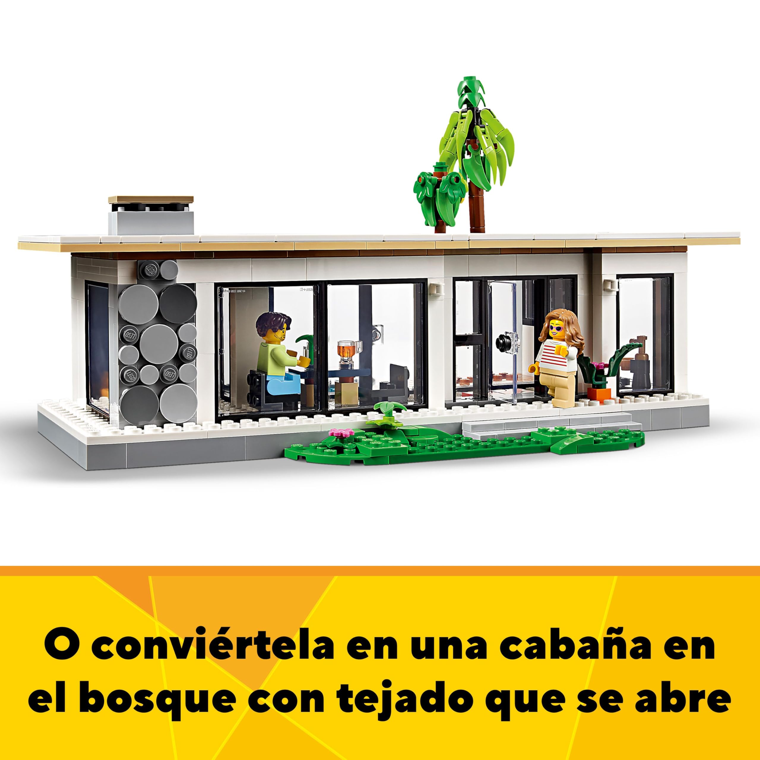 LEGO Creator 3 en 1 Casa Moderna de Juguete Convertible en Edificio de 3 Plantas o Cabaña del Bosque, Kit de Construcción con 2 Minifiguras, Regalo para Niños y Niñas de 9 Años o Más y Artistas 31153