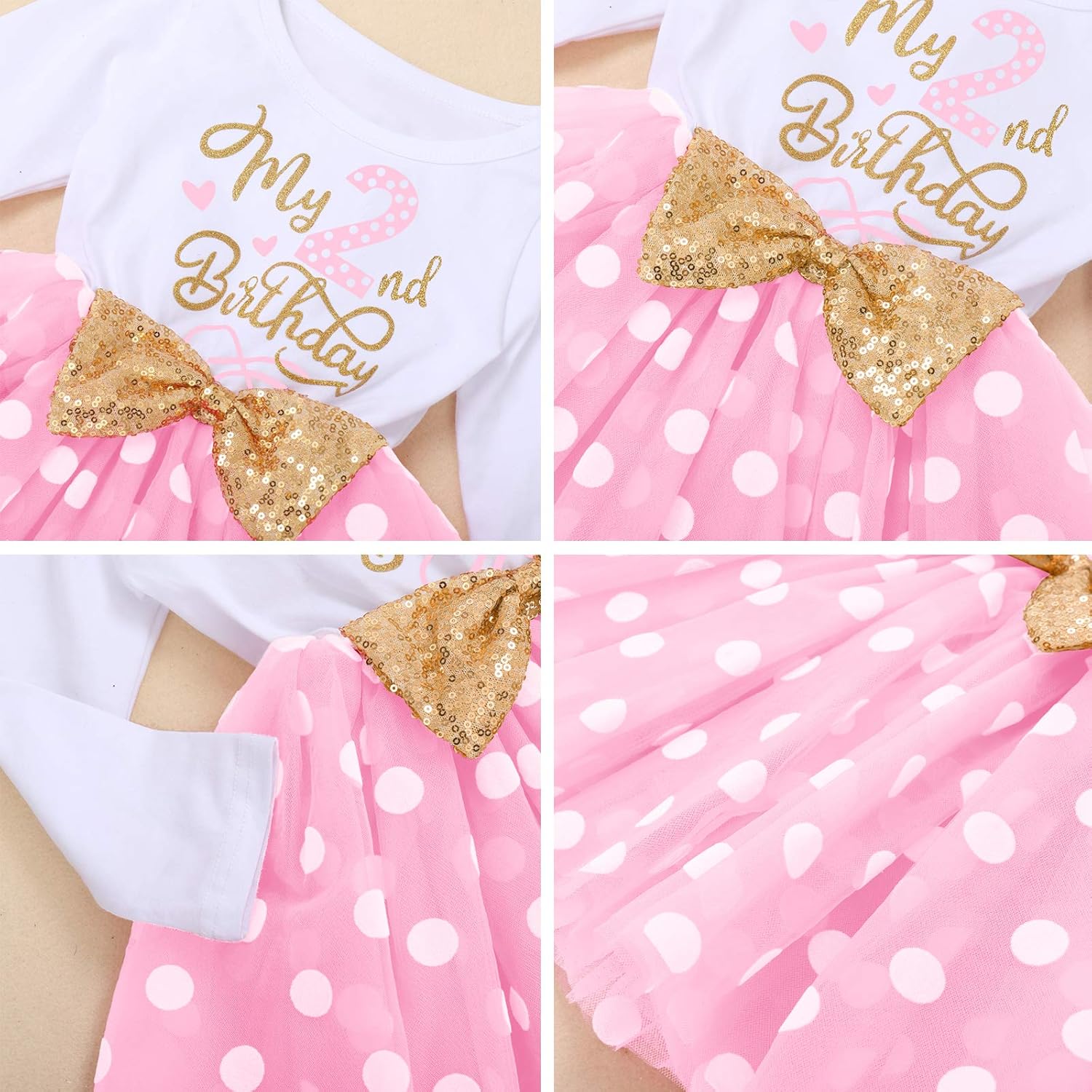 Baby Girls My 1st 2nd 3rd Birthday Polka Dots Dress w/Headband Long Sleeve Sequin Princess Tutu Cake Smash One Party Gown - Image 6